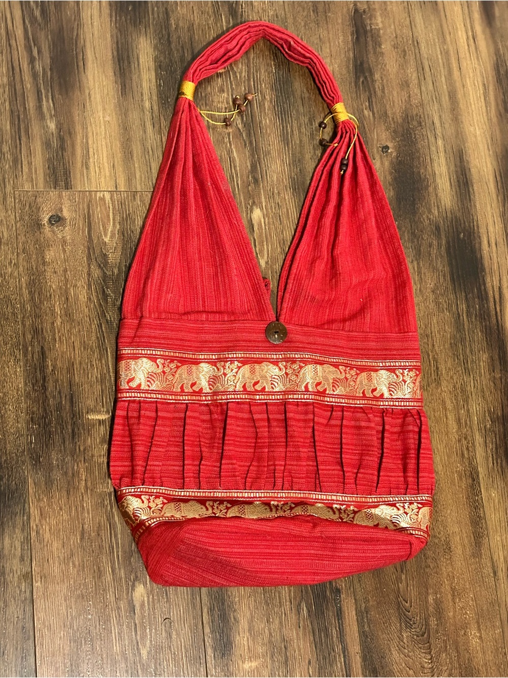Red Boho Hobo Bag with Gold Trim